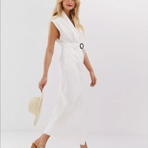 ASOS DESIGN denim maxi shirt dress with belt and open back detail white